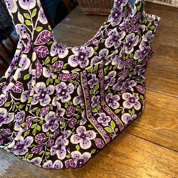 Vera Bradley Plum Petals Purple & Green Floral Quilt Semicircle Tote Bag Purse - Picture 3 of 6